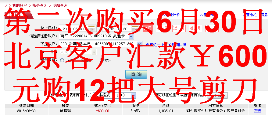 6月30日北京客戶(hù)轉(zhuǎn)帳600元至微信帳戶(hù)
